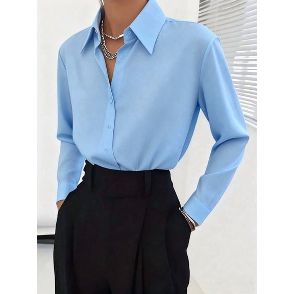 Women's Long Sleeve Button Down Shirt Collared Drop Shoulder Loose Fit Casual
