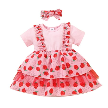

Canrulo Summer Lovely Baby Girls Patchwork Dress Floral/Fruit Printed Lace Knee Length A-Line Dress Set Pink Strawberry 3-6 Months