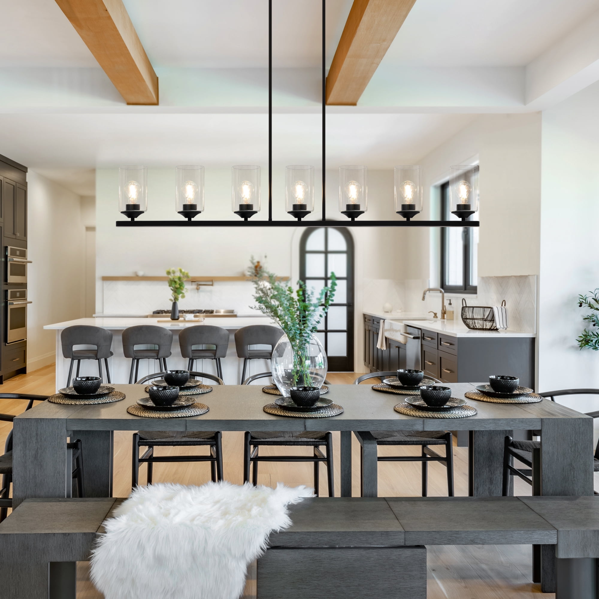 LNC Delia 7-Light Matte Black Large Linear Pendant with Clear Glass for Kitchen Island