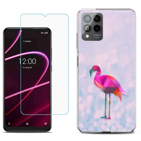 Slim-Fit Gel TPU Phone Case for T-Mobile Revvl 6 Pro 5G, with Tempered Glass Screen Protector, by OneToughShield ® - Flamingo / Polygon