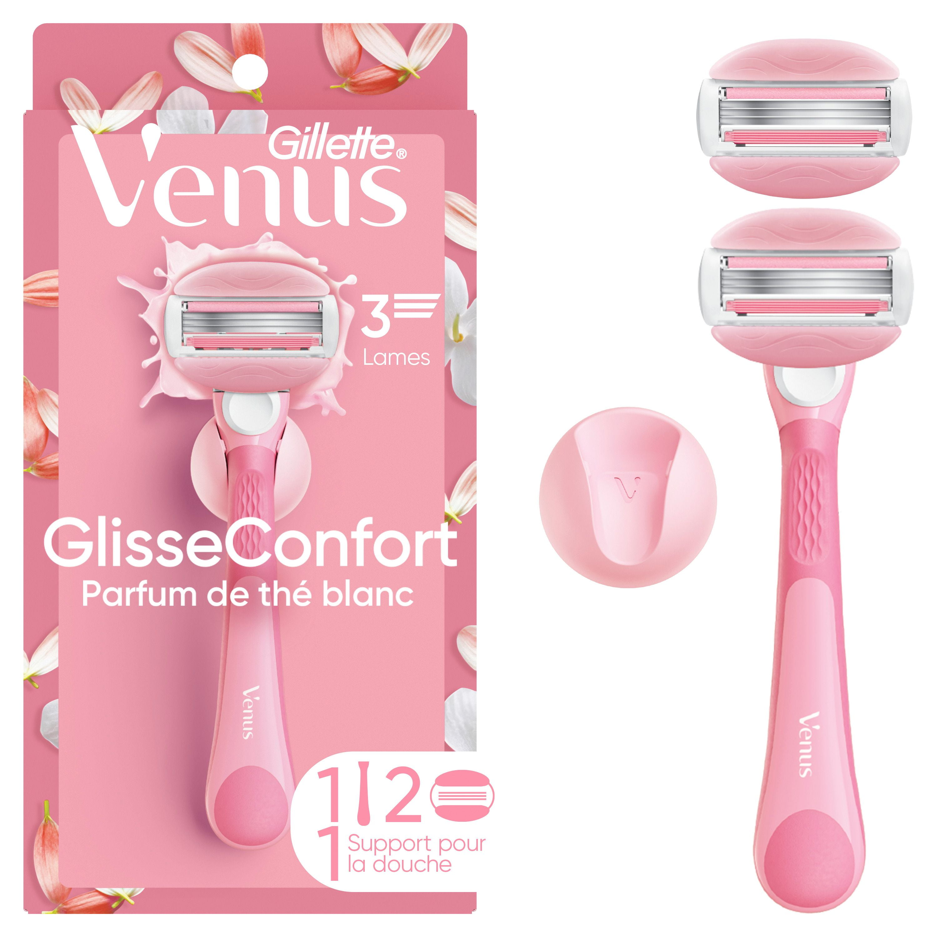 Rasoir Venus GlisseConfort pour femmes, parfum de thé blanc, manche de rasoir réutilisable, 2cartouches de rechange et un support pour la douche 1CT