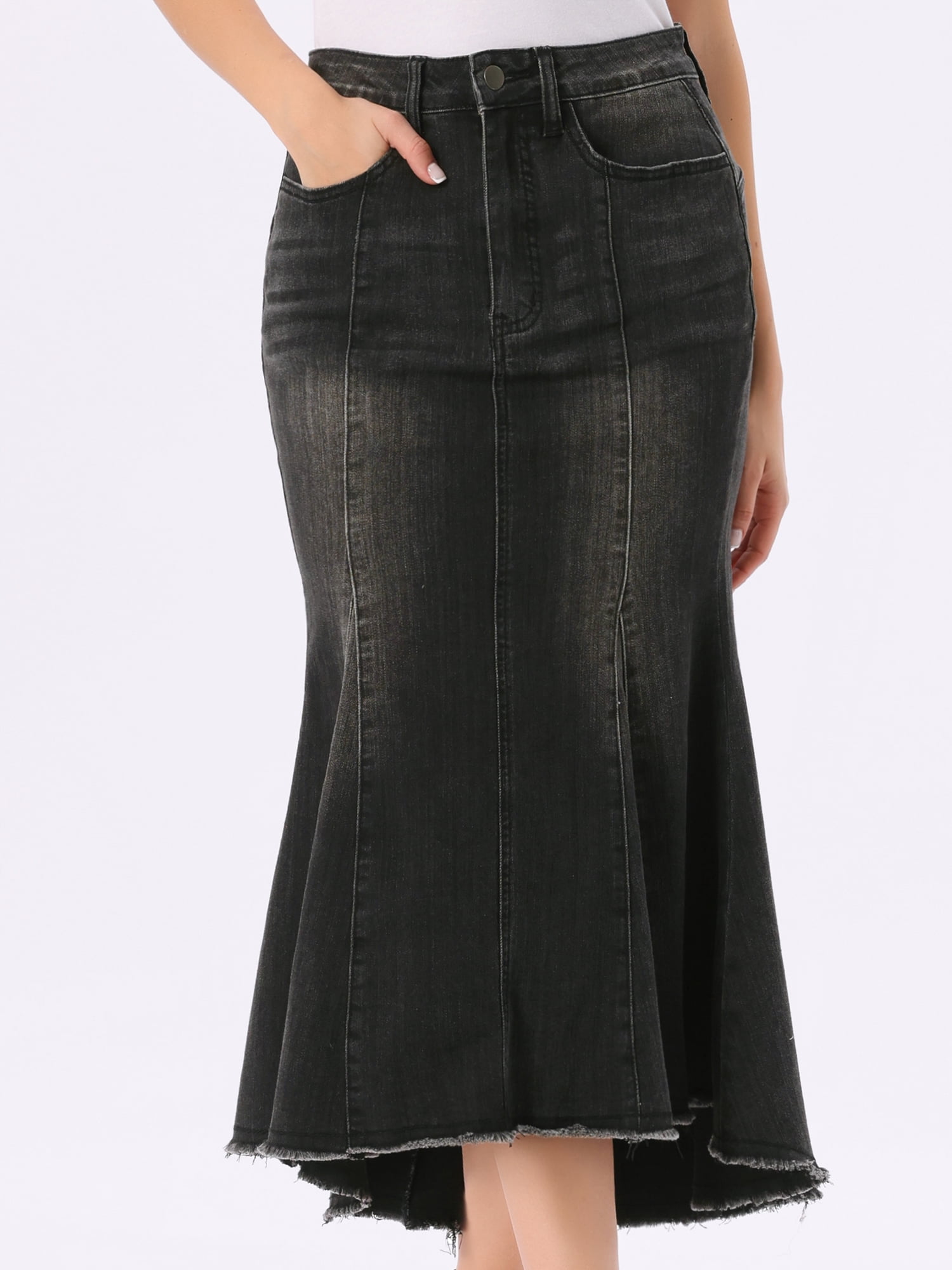 DARING DIVA Women's Raw Hem Fishtail Midi Skirt with Pockets S Grey