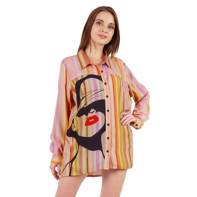 Inkmeso Printed Long Sleeve Oversized Shirt For WoMen's Loose Fit Button-Down Shirts Tunic