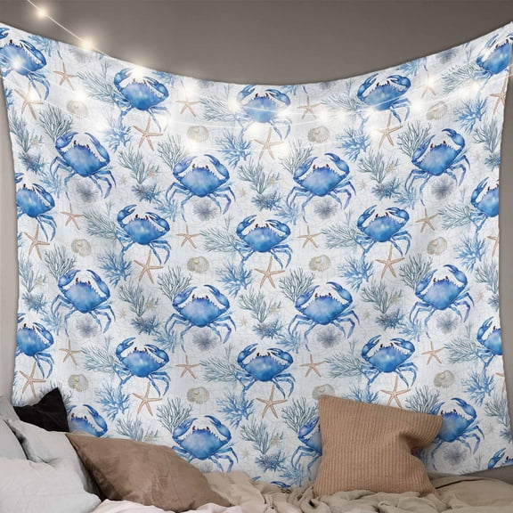 Blue Crab Coastal Tapestry for Bedroom Wall Hanging Tapestry, Summer Beach Nautical Starfish Ceiling Backdrop Tapestries Poster Blanket Wall Decor for Teens Room Living Room Dorm 39" x 59"