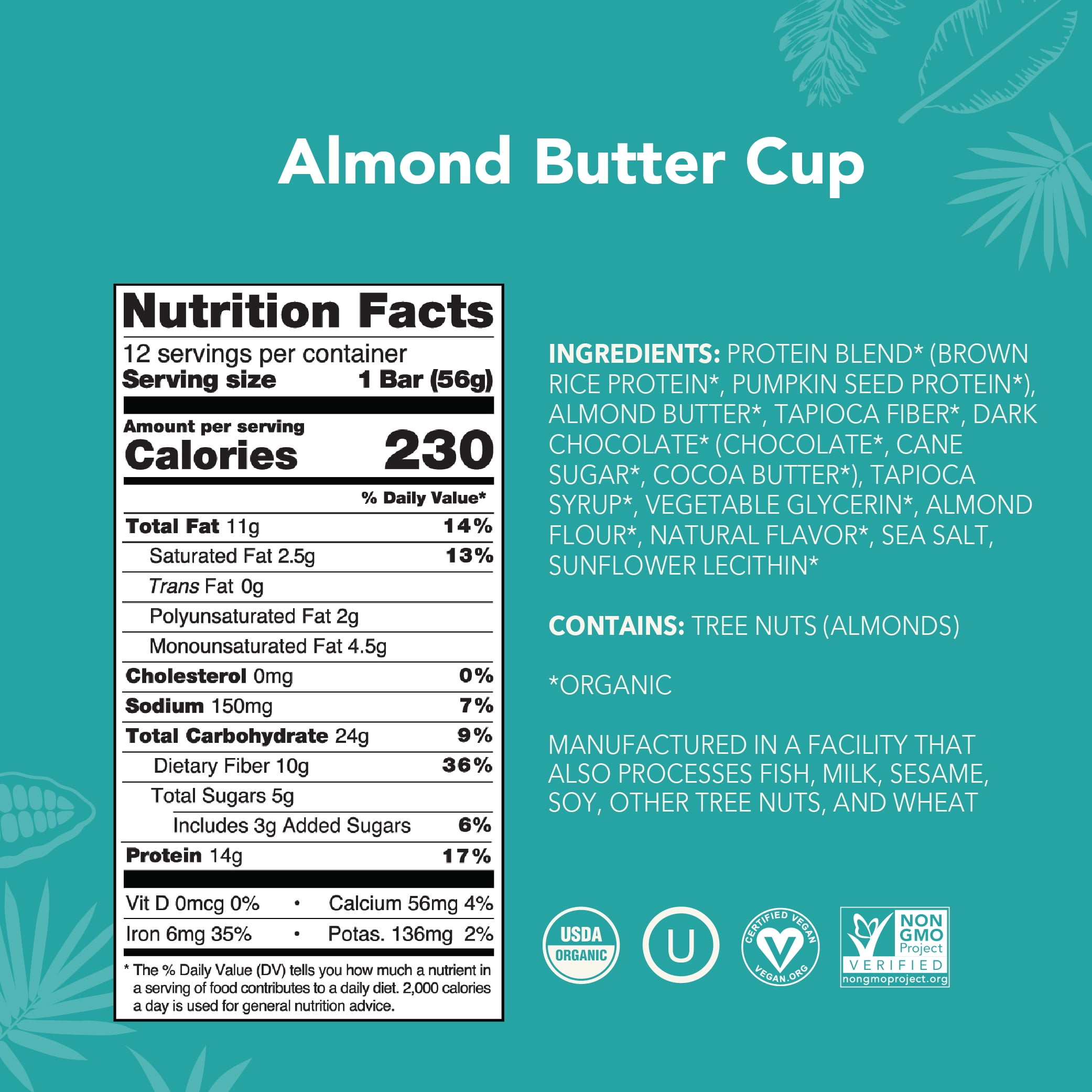 ALOHA, Organic Plant Based Protein Bars, Almond Butter Cup, 14g Protein (Pack of 12)