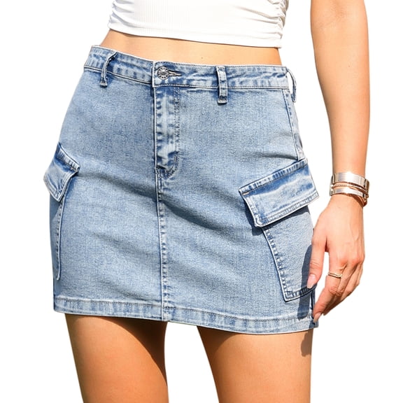 DARING DIVA Women's Mini Stretch Flap Pockets Y2K Bodycon Jean Skirts X-Small Light Blue