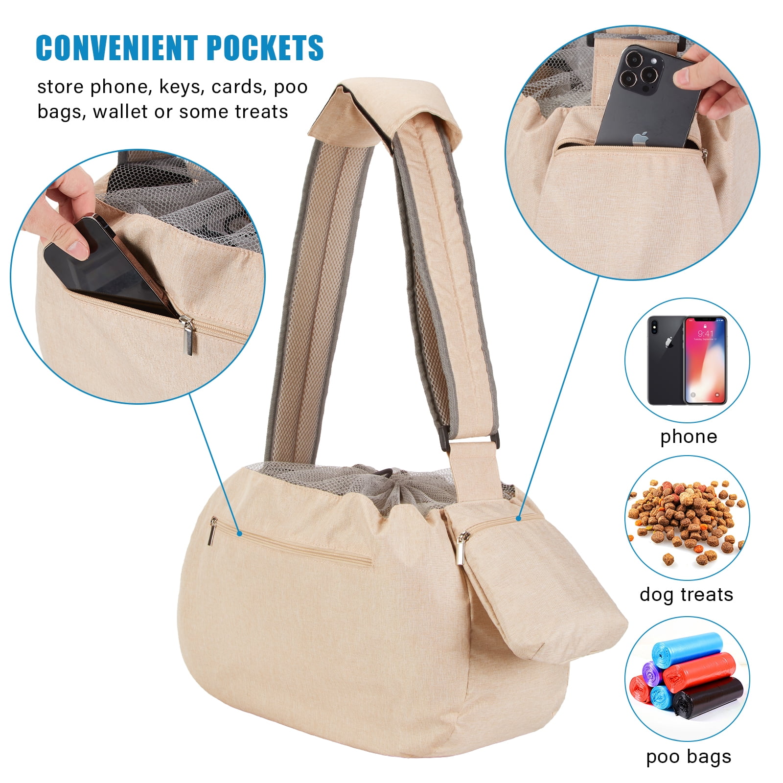 Ownpets Beige Pet Sling Carrier with Adjustable Strap and Pocket Shoulder Pad Fits 15 to 20lbs Extra-Large Dog/Cat