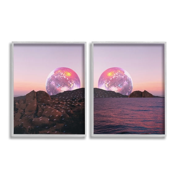 Stupell Industries Surreal Disco Ball Landscape Landscape Painting Gray Framed Art Print Wall Art, 24 x 30, Set of 2