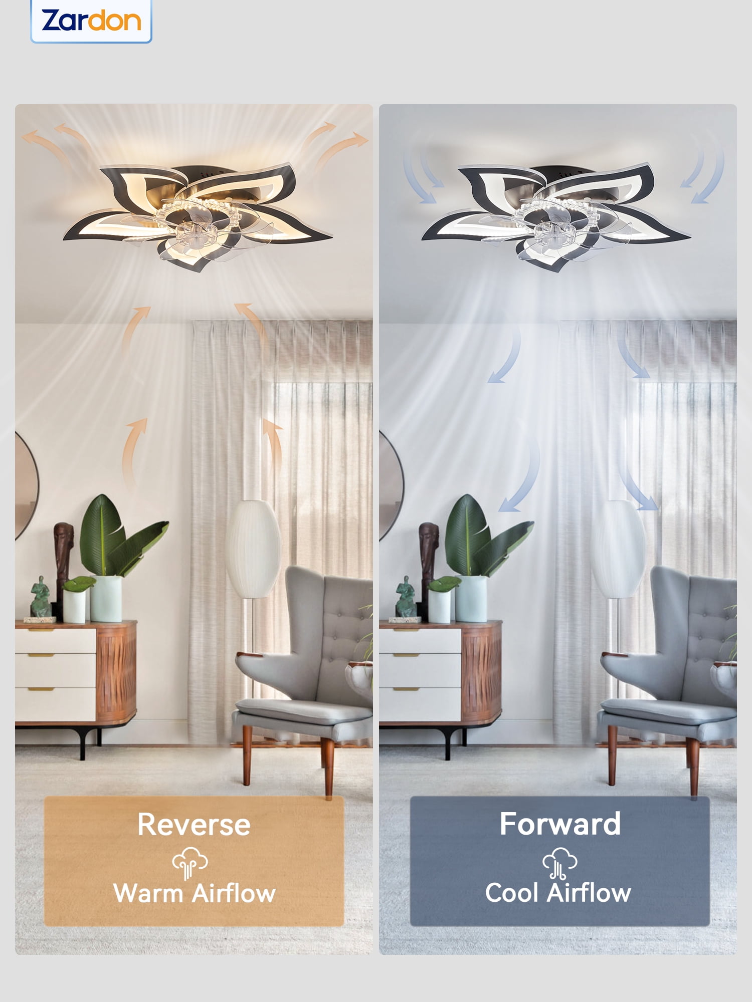 Zardon 27" Flower Ceiling Fan with LED Lights and Remote Control, Flush Mount Ceiling Fan for Indoor Bedroom Living Room, Low Profile - Black