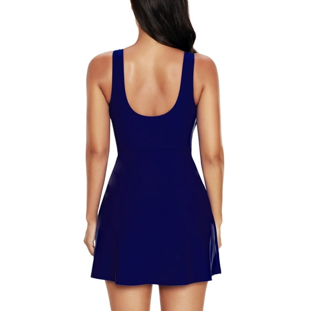 Avamo Women Swimwear 2 Pieces Bathing Suit Solid Color Swimsuit Comfy Swim  Dress Beach Swimdress Dark Blue 3XL