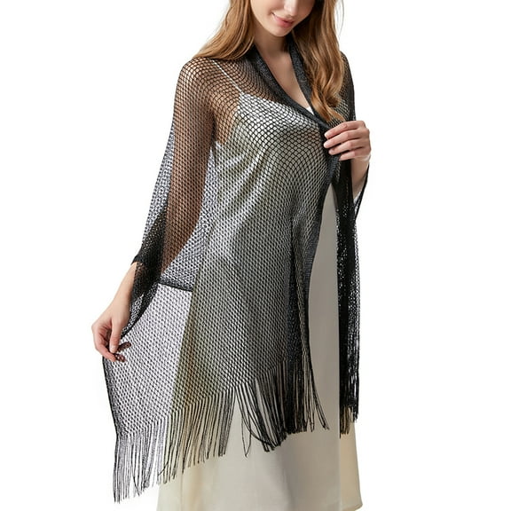 SWSMCLT Women's Long Cape Summer Scarf Cozy Elegant Pashmina Fashion Soft Fall Thin Knitted Fringe Casual Light Black One Size