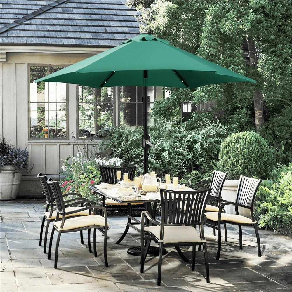 Renwick 7.5FT Patio Umbrella with Base Stand and LED Solar Lights, Dark Green