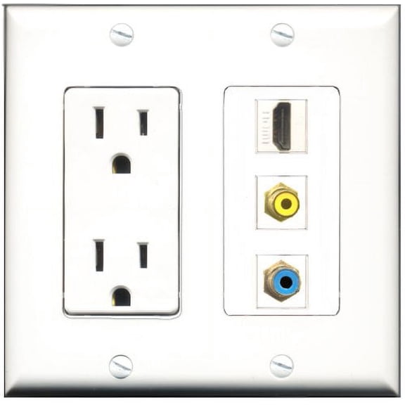 RiteAV - 15 Amp Power Outlet 1 Port HDMI 1 Port RCA Yellow 1 Port RCA Blue Decorative Wall Plate