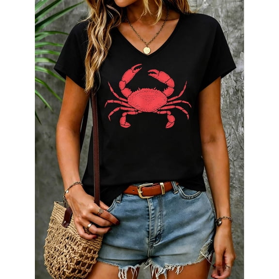 Red Crab Vintage Graphic Design for Crab Lovers V Neck T-Shirt Cotton Women's V Neck Graphic Tee, Casual Short Sleeve Shirt,Vacation Outfit