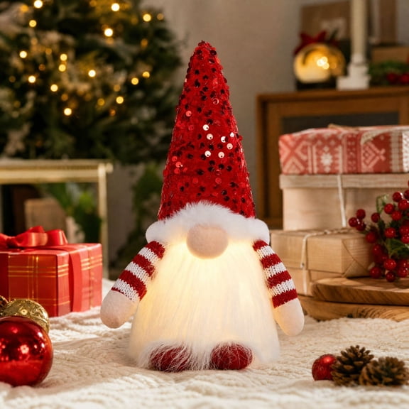 Light‑Up Sequin Christmas Gnome Figurine, 11.4 in Adorable Gnome Statue with Sequins Hat & Glowing Beard, Novelty Tabletop Holiday Decor, 3 AAA Batteries Powerd