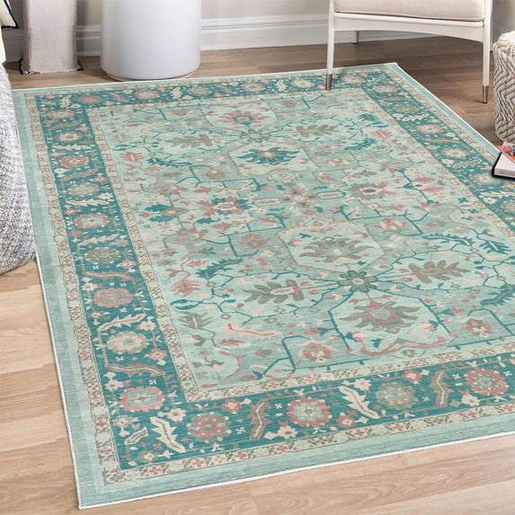 Ikat Decorative Rug, Leaves and Flowers Geometric Style Ethnic Theme of Primitive Illustration, Quality Carpet for Bedroom Dorm and Living Room, 6 Sizes, Almond Green, by Ambesonne