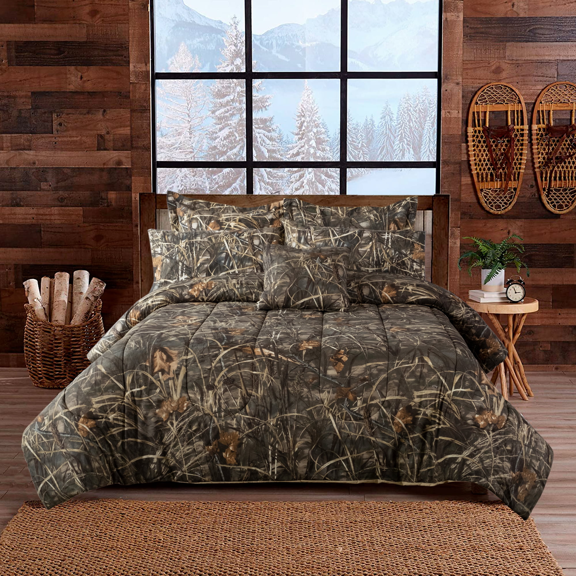 7 PC BLACK CAMO COMFORTER AND SHEET SET KING CAMOUFLAGE BEDDING WOODS LEAVES 