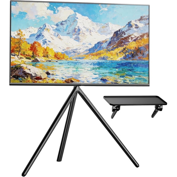 Tripod TV Stand for 45–65 Inch TVs with Shelf, Swivel & Height Adjustable Easel TV Stand, Holds up to 88 lb, VESA up to 400x400 mm, Floor TV Stand for Samsung, LG, Sony TVs, Black