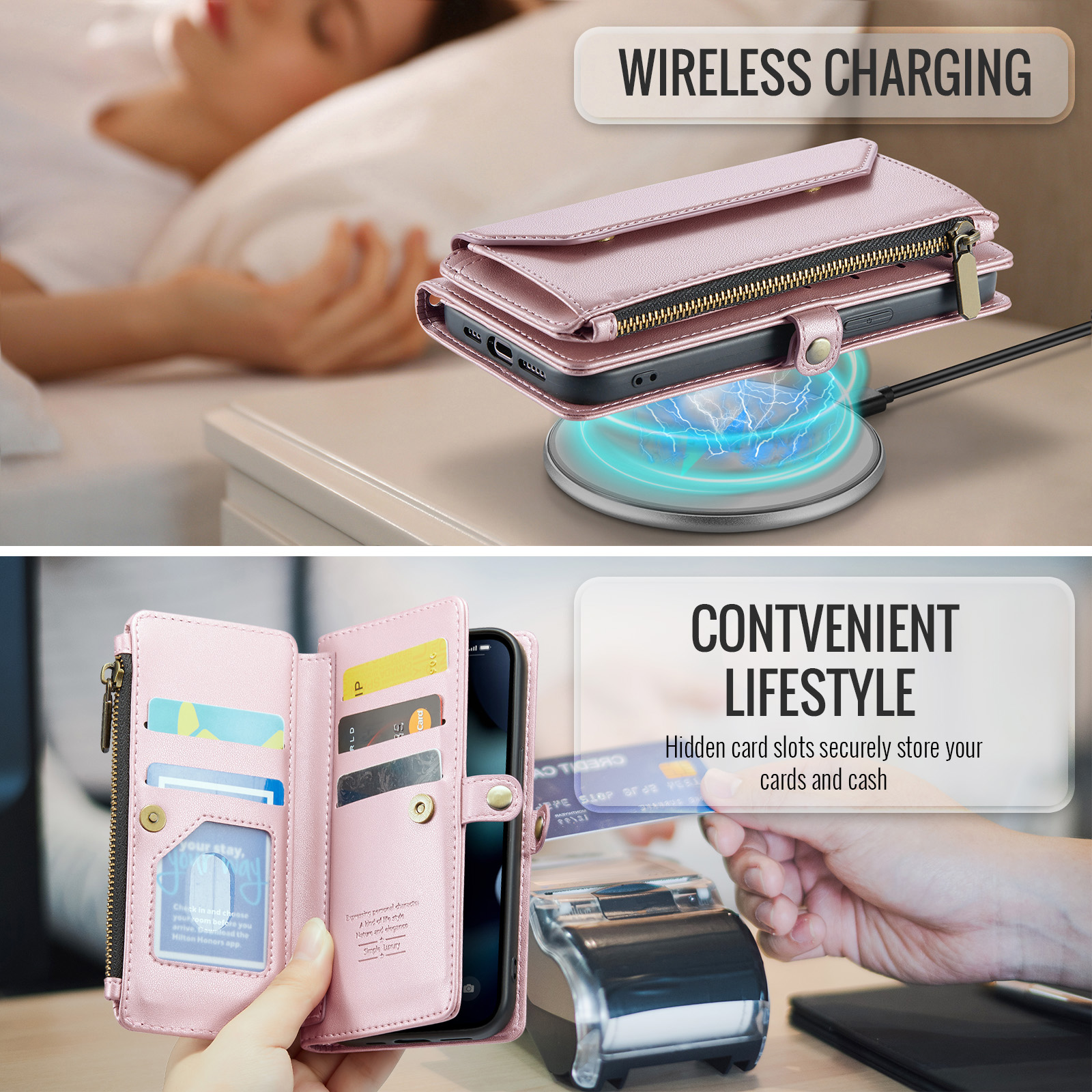 Asuwish Compatible with iPhone 15 Pro 6.1 inch Zipper Wallet Phone Case Tempered Glass Screen Protector Crossbody Lanyard Strap Flip Card Holder Slot Cell Cover for i Phone15 15 15Pro Women Rose Gold