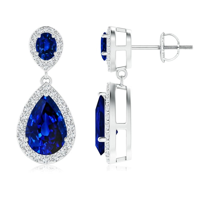 3.44 Carats Oval & Pear Blue Sapphire Drop Earrings with Diamond Halo For  Women in Platinum (9x6mm Blue Sapphire)