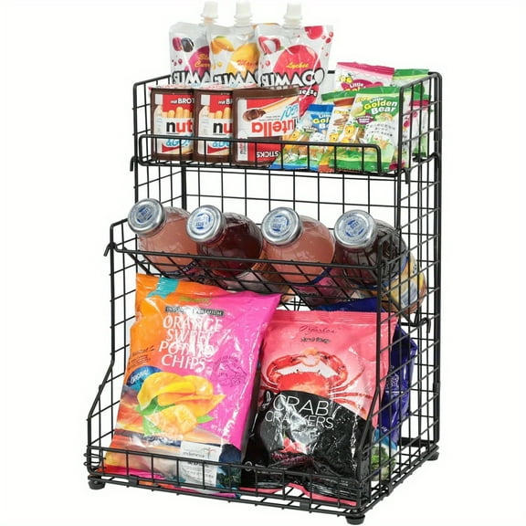 Heavy-Duty 3-Tier Snack Organizer Rack - Metal Adjustable Shelves, No-Tool Assembly - for Kitchen & Pantry Storage"