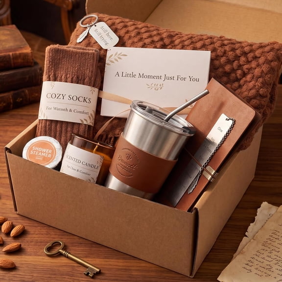 YEERSWAG Self Care Gift Box Set for Women, Premium Kraft Paper Box with Blanket, Coffee Tumbler, Candle, Socks & More, Thoughtful Present