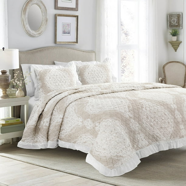 Lucianna Ruffle Edge Cotton Bedspread Taupe 3Pc Set Full/Queen ...