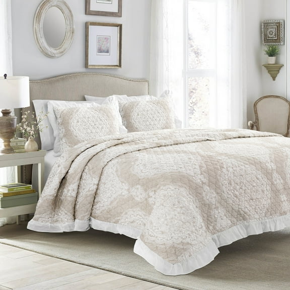 Lucianna Ruffle Edge Cotton Bedspread Taupe 3Pc Set Full/Queen