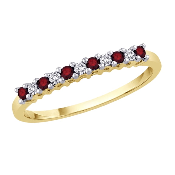 Prong Set Alternating Ruby Gemstone and Diamond Wedding Band in 10K Yellow Gold (1/8 cttw)