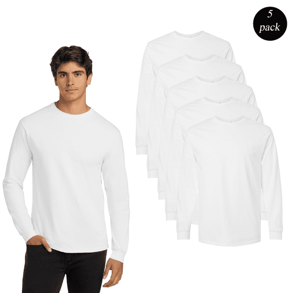 Gildan Men's Ultra Cotton Long Sleeve T-Shirt, Crew Neck Casual White Color Blank Tee, 5-Pack, S