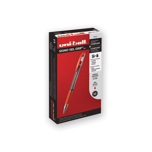 Signo GRIP Stick Gel Pen Medium 0.7mm, Red Ink, Silver/Red Barrel, Dozen