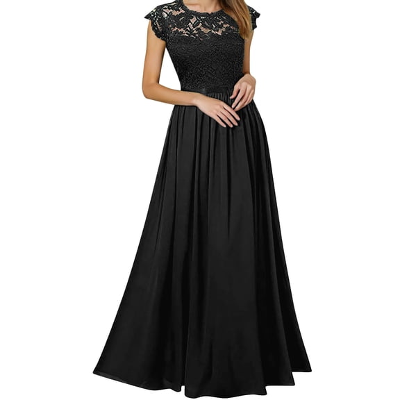 HNMKIU Elegant Dresses for Women Evening Gown Neck Floral Lace Formal Wedding Long Maxi Dress Black,M