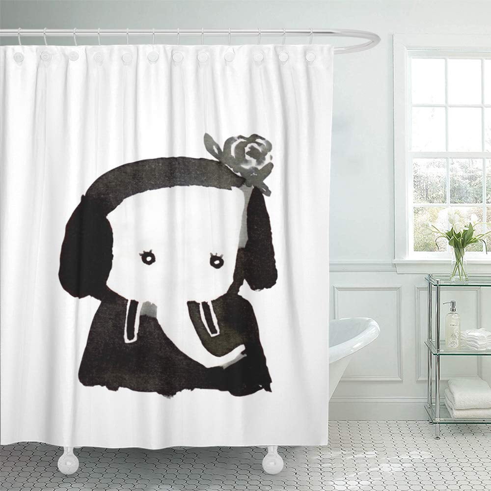 Watercolor Flowers Cute Elephant Polyester Fabric Shower Curtain Bathroom Hooks 