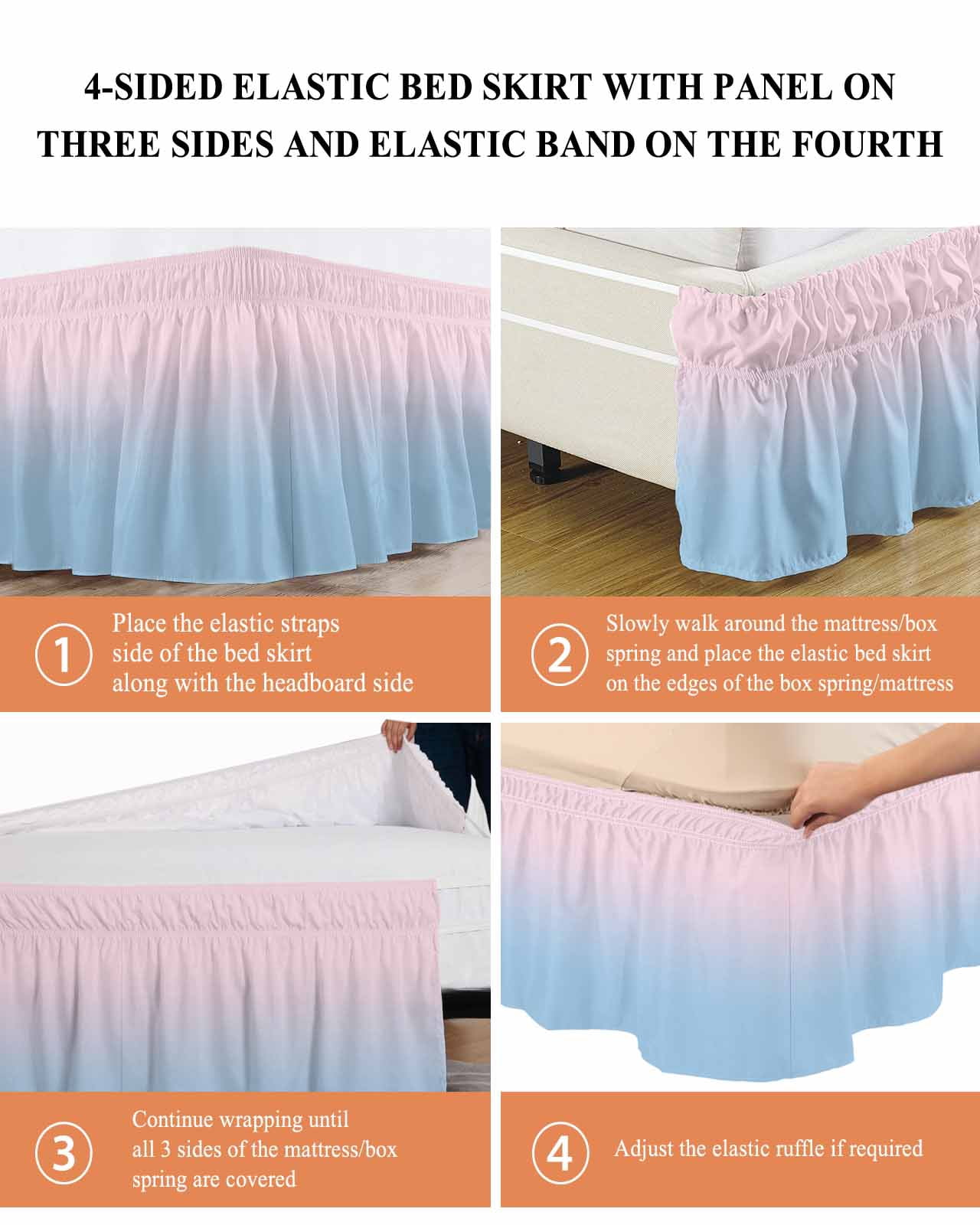 Minimalist Pink Bed Skirt and Blue Gradient Bed Skirts Queen Size 18 Inch Drop, Wrap Around Dust Ruffle&nbsp;Bedskirt with Adjustable Elastic Belt for Queen Size Beds