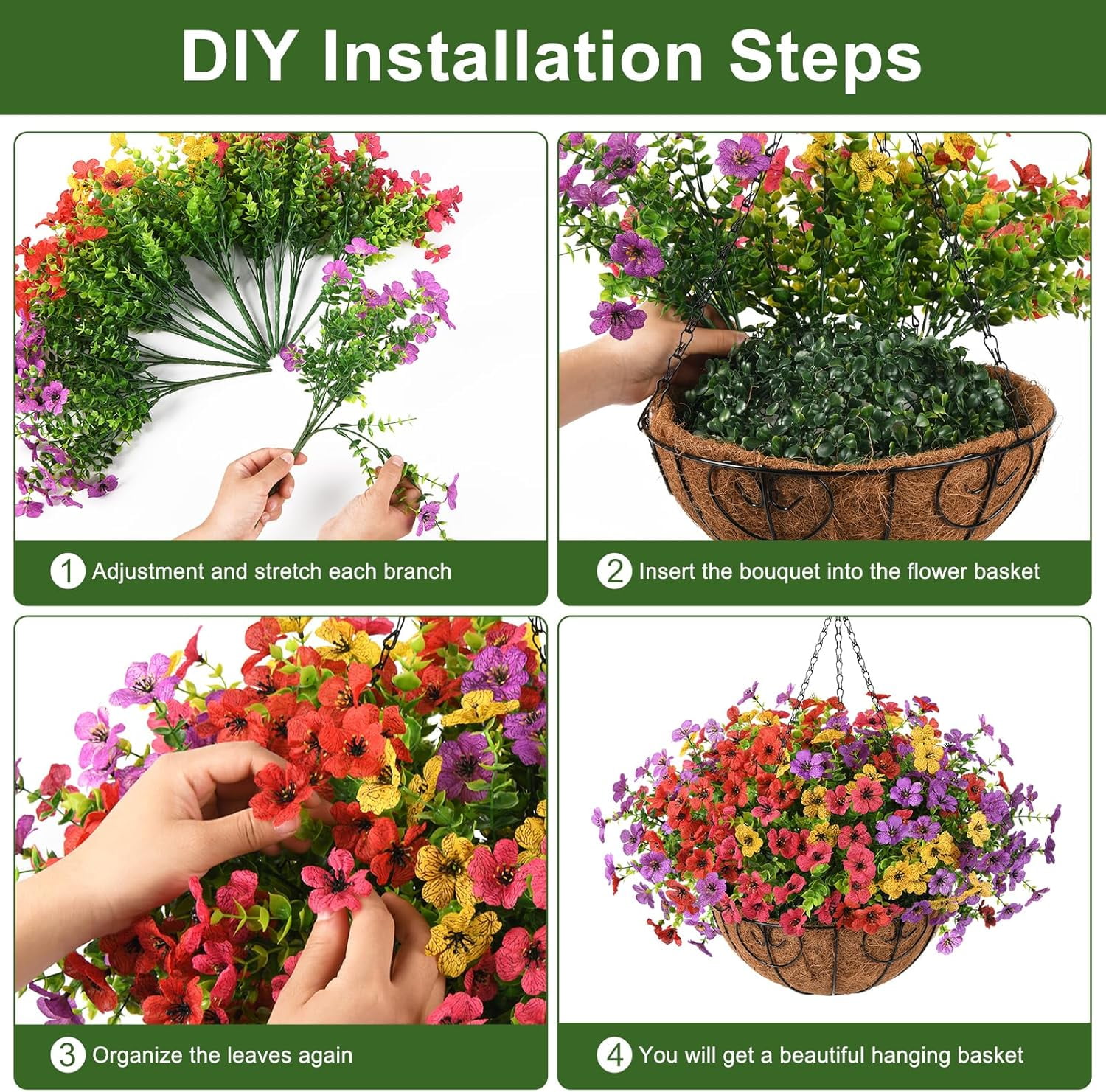 Artificial Faux Hanging Flowers Plants with Basket for Outdoor Spring Decoration, Fake Silk Daisy Outside Indoor UV Resistant Look Real Yard Patio Front Porch Garden Balcony Home Decor(MIx1)