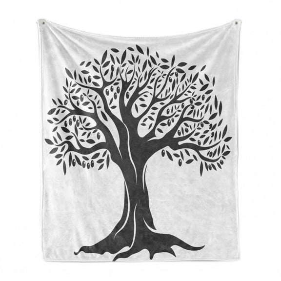 Tree Soft Flannel Fleece Blanket, Monochrome Botanical Interpretation of a Forest Item with Leaves and Olives, Cozy Plush for Indoor and Outdoor Use, 60" x 80", Dark Grey and White, by Ambesonne