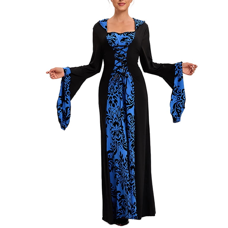 PUMISAS Medieval Dress for Women High Waisted Long Trumpet Sleeve Renaissance Dress Fashion Floral Solid Round Neck Maxi Dress Costume Flare A-Line