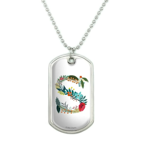 Letter S Floral Monogram Initial Military Dog Tag Pendant Necklace with Chain