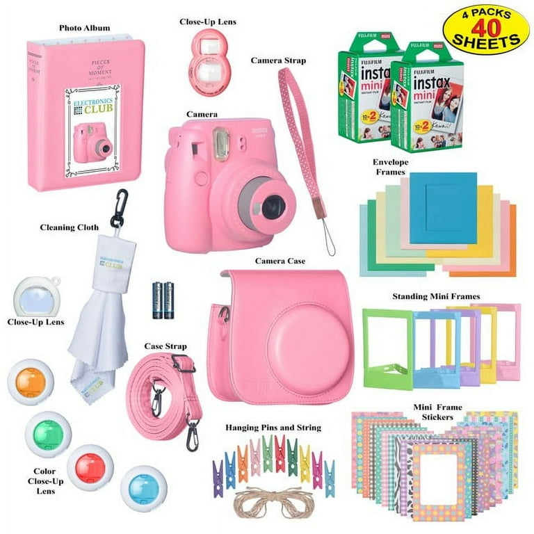 Fujifilm Instax Mini 9 Instant Film Camera Bundle with Over 15 Accessories   40 Sheets of Instant Film + Mini Nine Leather Case + Photo Album + Lens  Filters + Mini Frames - PINK 