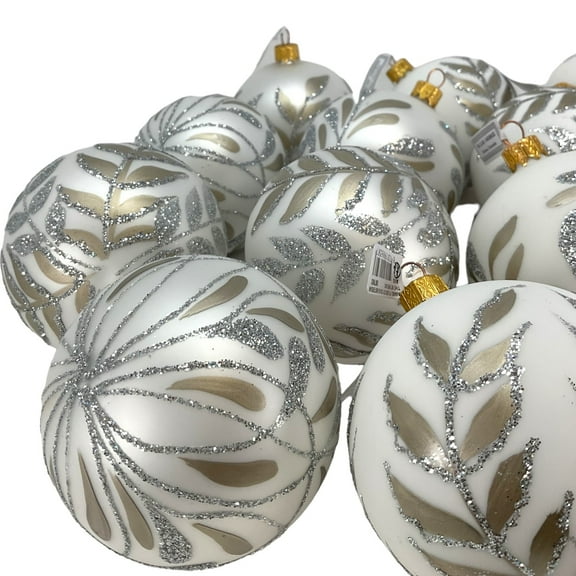 3 Inch Silver and Gold Leaves Glass Christmas Ball Ornaments 12 Piece Set