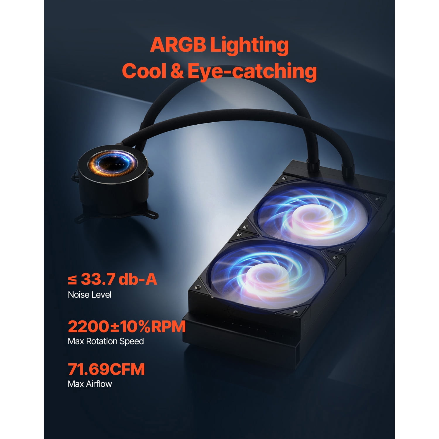 KFFKFF Liquid CPU Cooler, Comprehensive CPU Water Cooler - 120mm PWN Fans & Pump, Customizable Black PC Liquid Cooler with 2.1'' LCD Display & ARGB Lighting, Compatible with Intel 115X/1366/2011