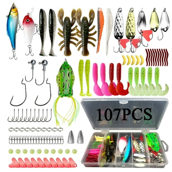 GoXteam 107Pcs Fishing Lures Baits Kit with Fishing Tackle Box, Including Spoon Lures Soft Plastic Worms Crankbait Jigs Fishing Hooks Kit Set for Starter Beginner