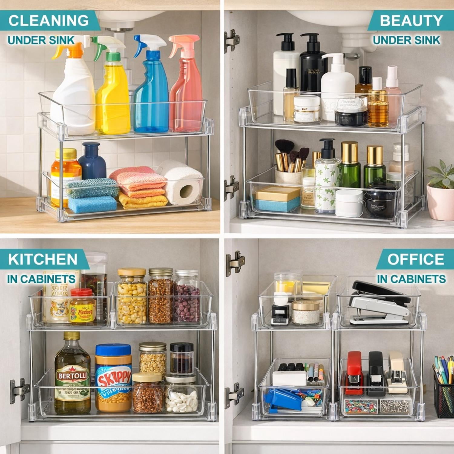 Sorbus 2-Tier Pull-Out Pantry Organizer Set, 2 Pack Clear Kitchen Cabinet Storage Drawers