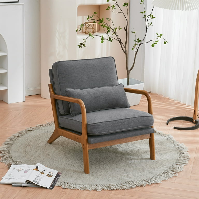 Upholstered Accent Armchair for Living Room Modern Linen Indoor Single Leisure Lounge Chair with Oak Armrest Lumbar Pillow Wooden Reading TV Arm