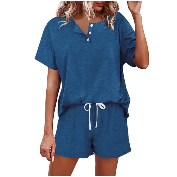 Conjunto informal de pantalones cortos de manga corta para mujer: cordón con botones, cintura elástica, ropa deportiva