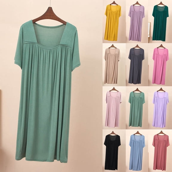 Naittoop Womens Nightgown Square Collar Short Sleeve Nightdress Solid Color Comfort Loose Loungewear