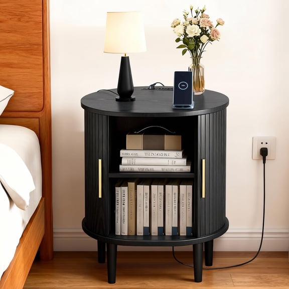 Mid Century Modern Nightstand with Charging Station, Fluted Side Table with Sliding Door & Adjustable Shelf, Black