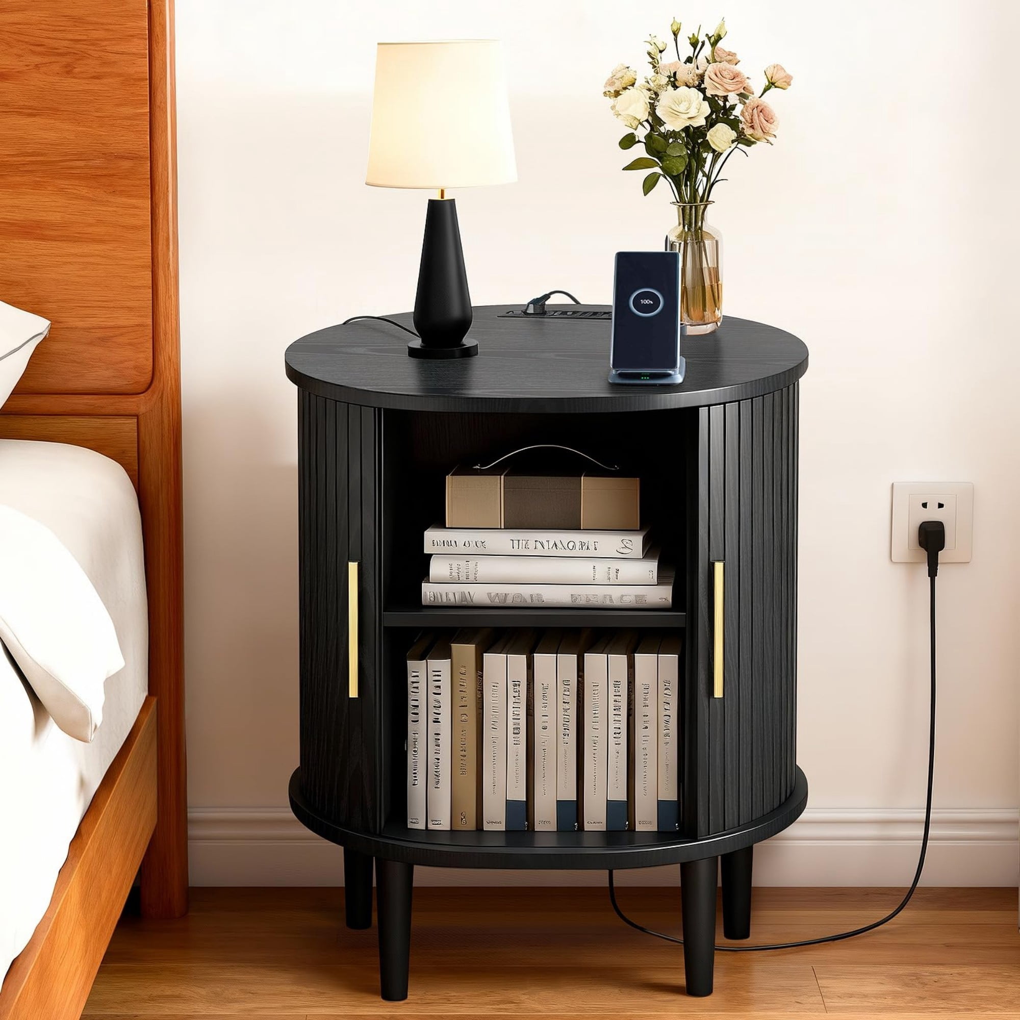 Mid Century Modern Nightstand with Charging Station, Fluted Side Table with Sliding Door & Adjustable Shelf, Black