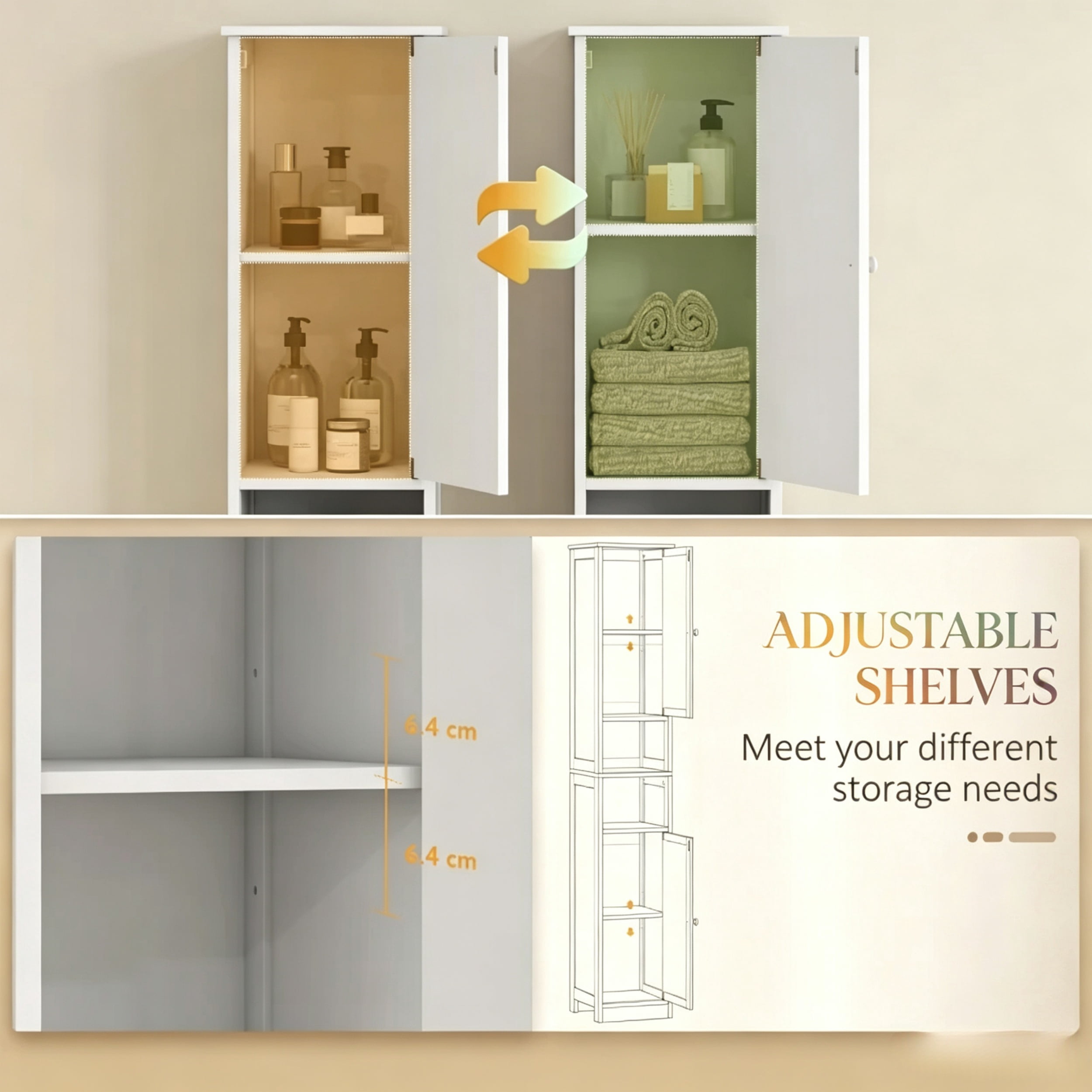 Bathroom Organizer with Enclosed & Open Compartments,Tall Bathroom Storage Cabinet,Slim Floor-Standing Bathroom Cabinet