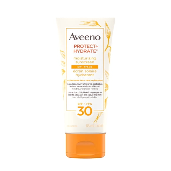 Aveeno Protect and Hydrate Face and Body Sunscreen SPF 30, Water and Sweat Resistant, Oxybenzone Free, 88mL